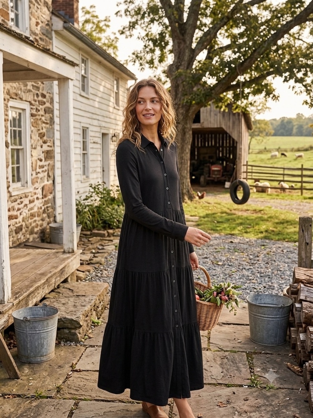 Boden Black Button-Front Tiered Maxi Dress